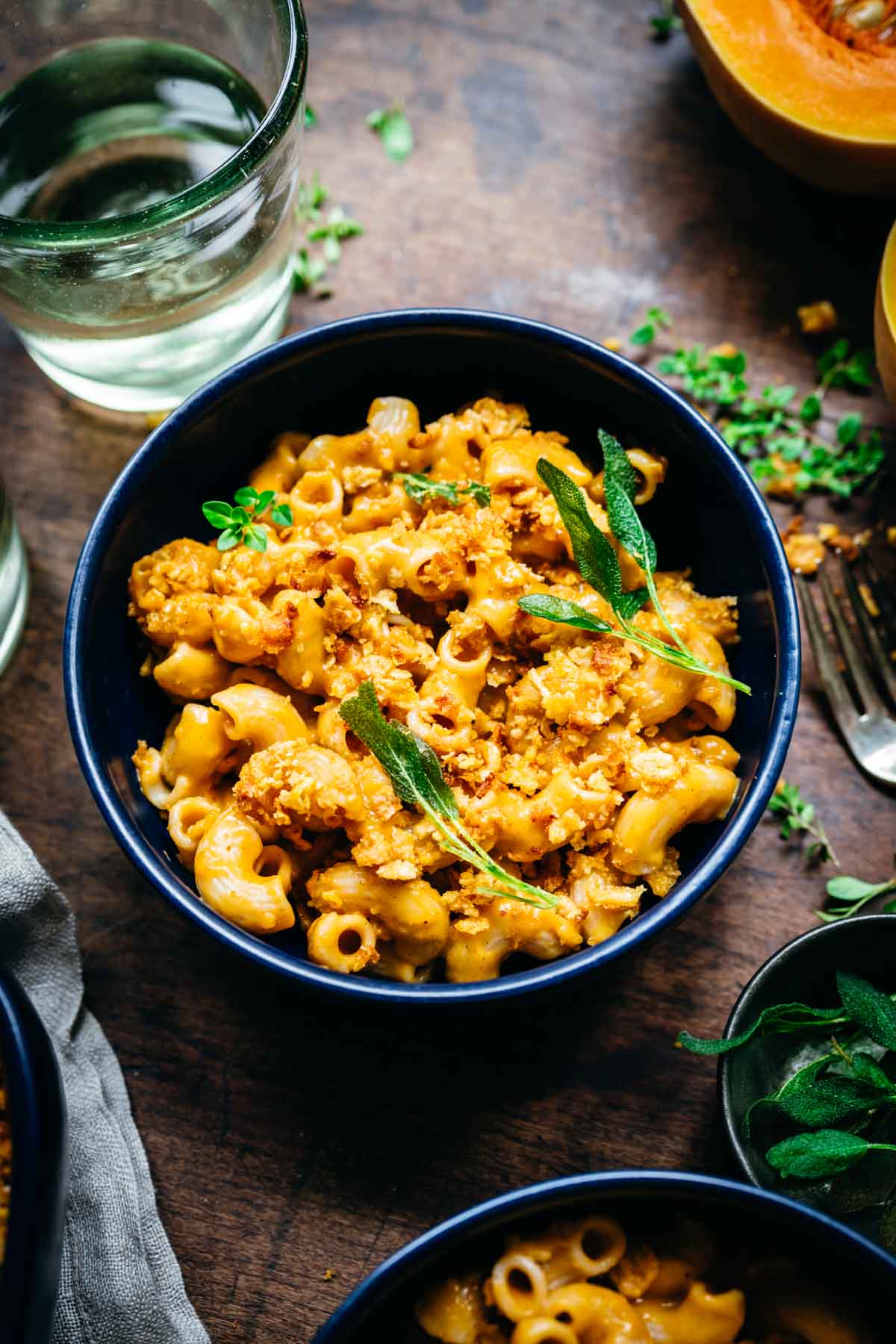 Overhead view of a bowl of butternut squash macaroni and cheese.