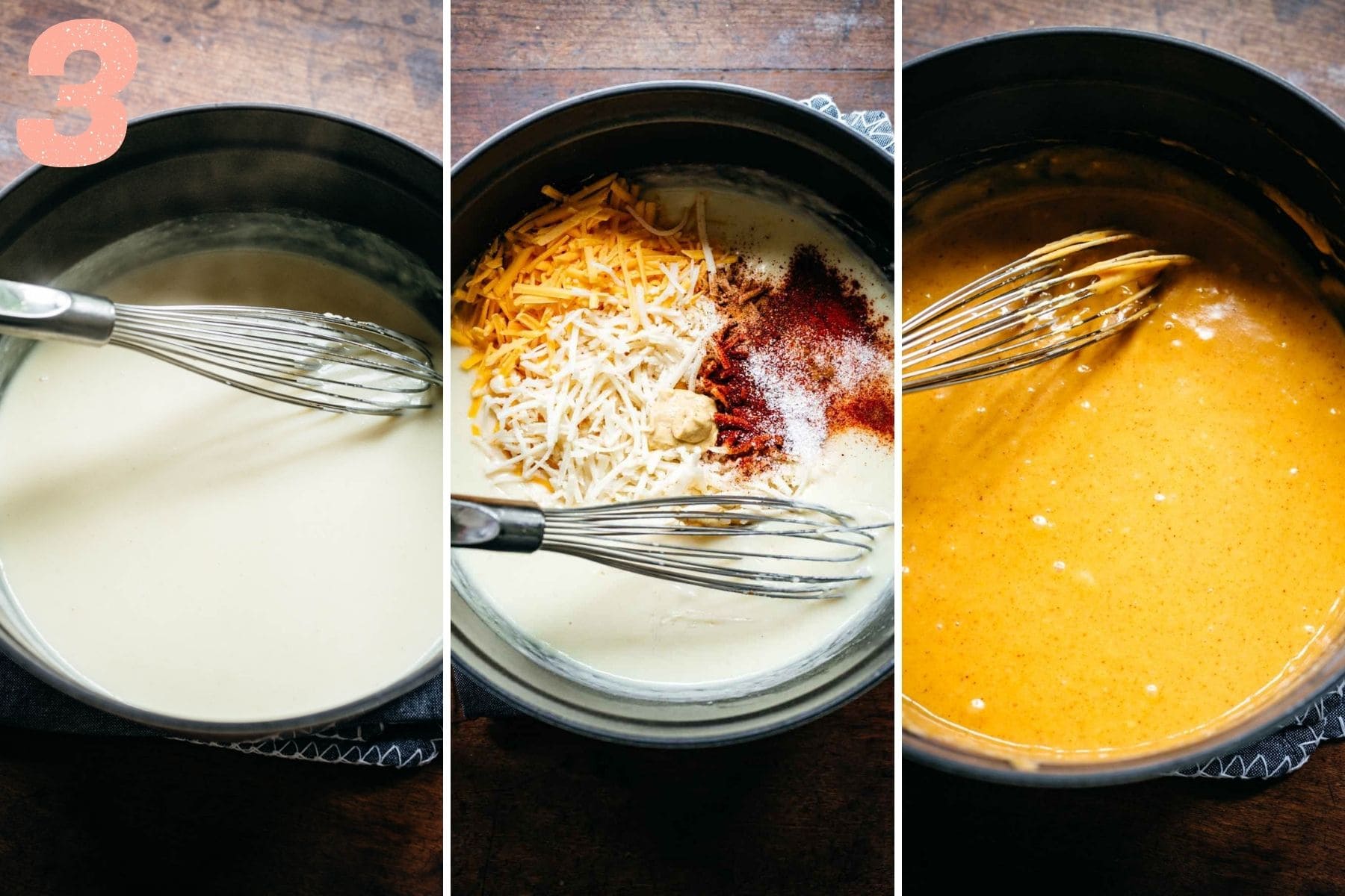 Three panel view of milk, then milk with spices, then milk with cheese melted in.