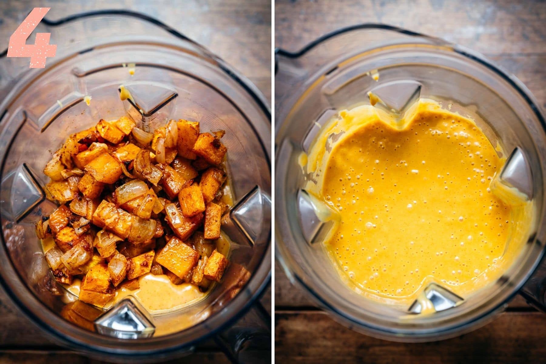 On the left: roasted butternut squash and onions in a blender. On the right: onions, squash, and sauce mixture after blending.