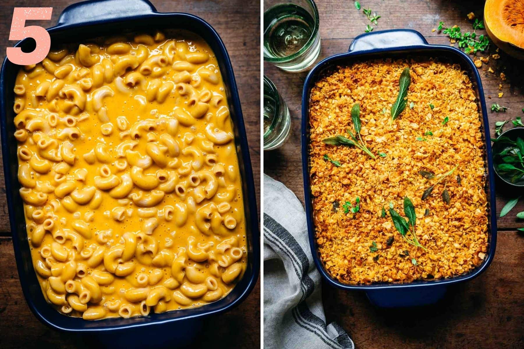 Overhead view of butternut squash mac and cheese before and after baking.