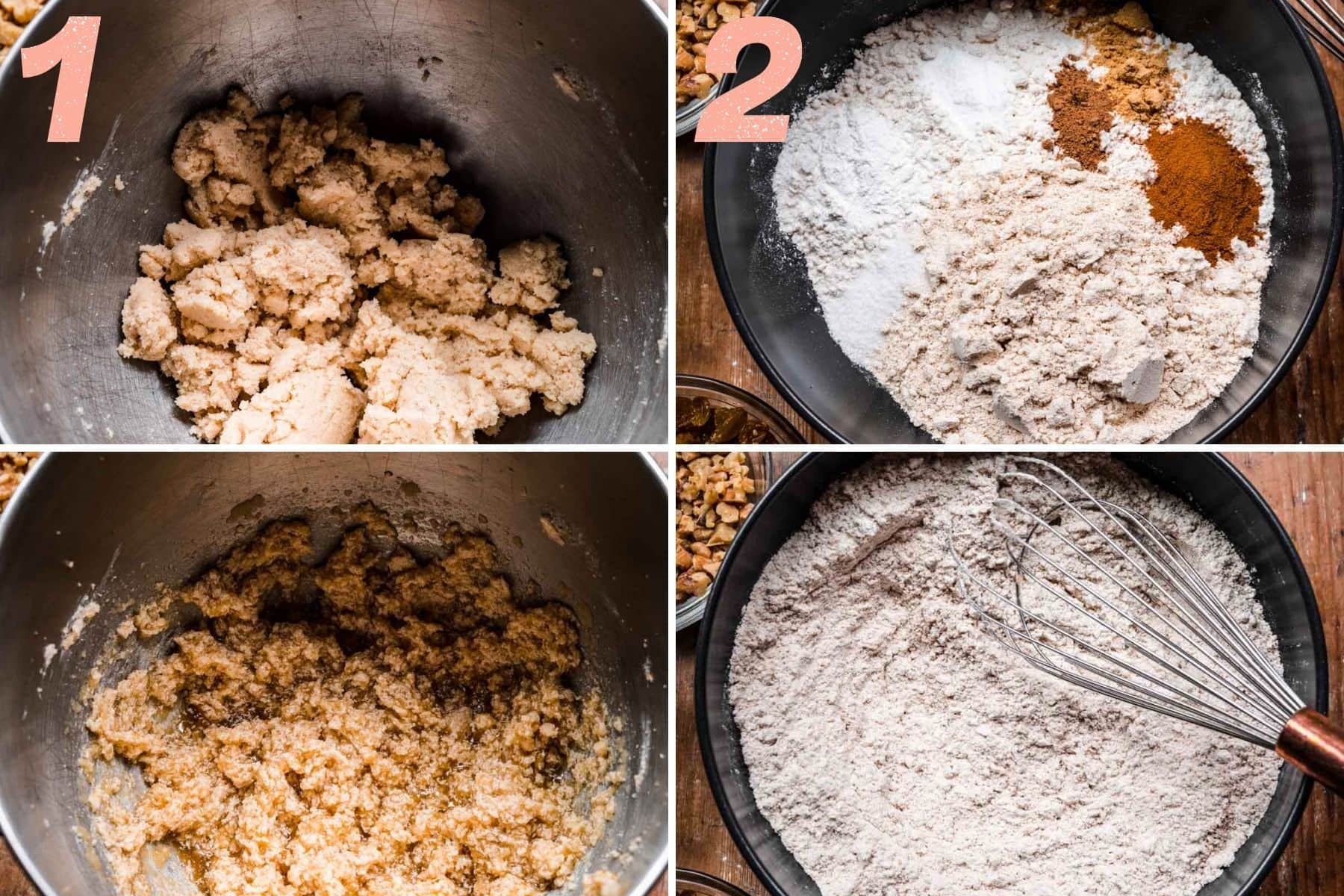 On the left: wet ingredients being mixed together. On the right: dry ingredients being mixed together.