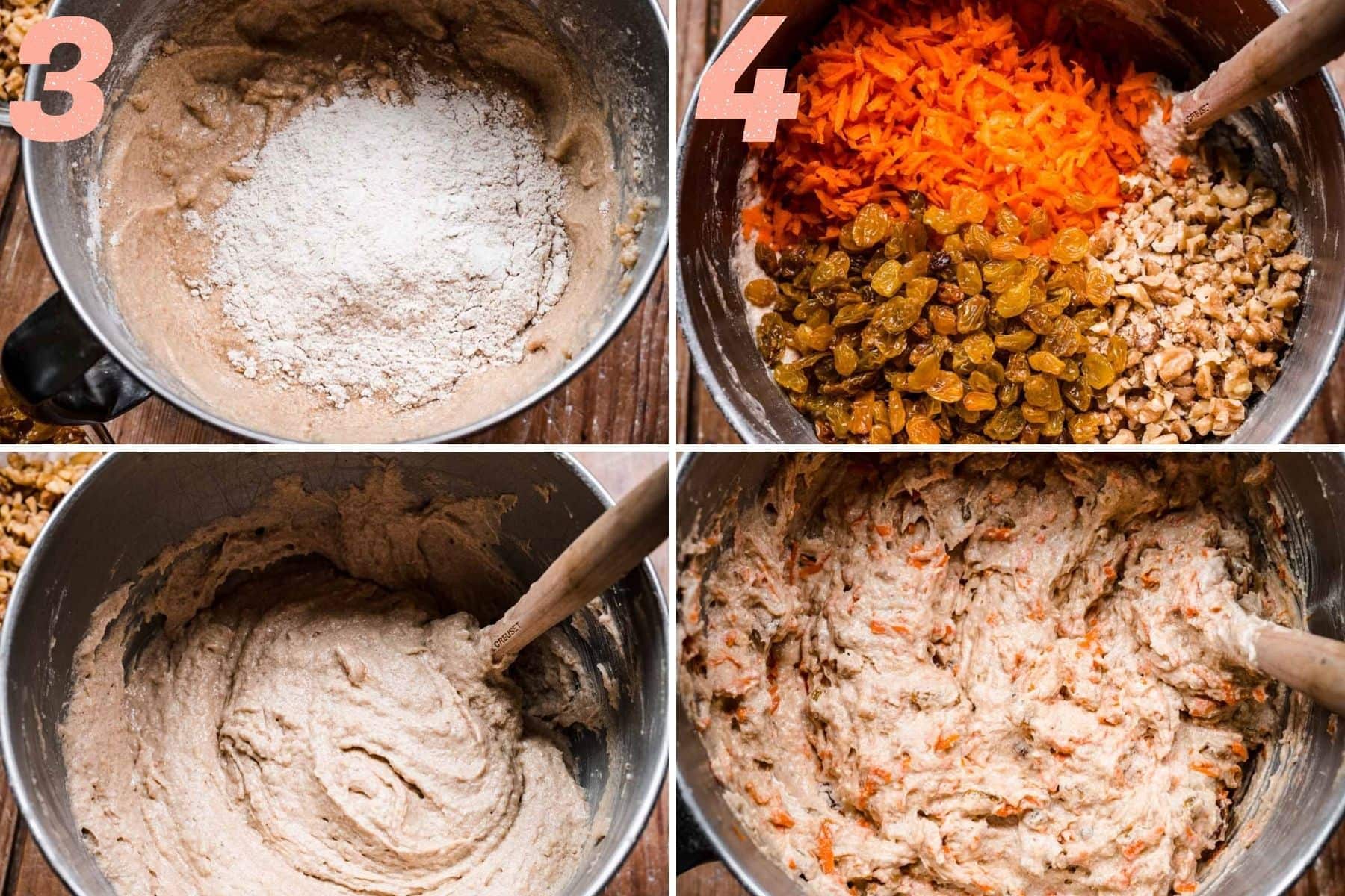 On the left: wet and dry ingredients being mixed together. On the right: carrots, walnuts, and raisins being mixed into batter.