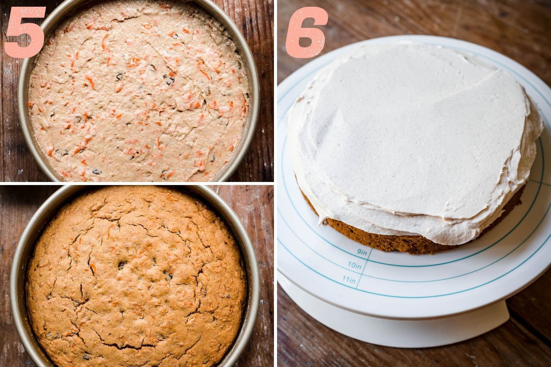 On the left: carrot cake before and after being baked. On the right: carrot cake being frosted.