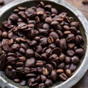 Chocolate covered espresso beans in a bowl.