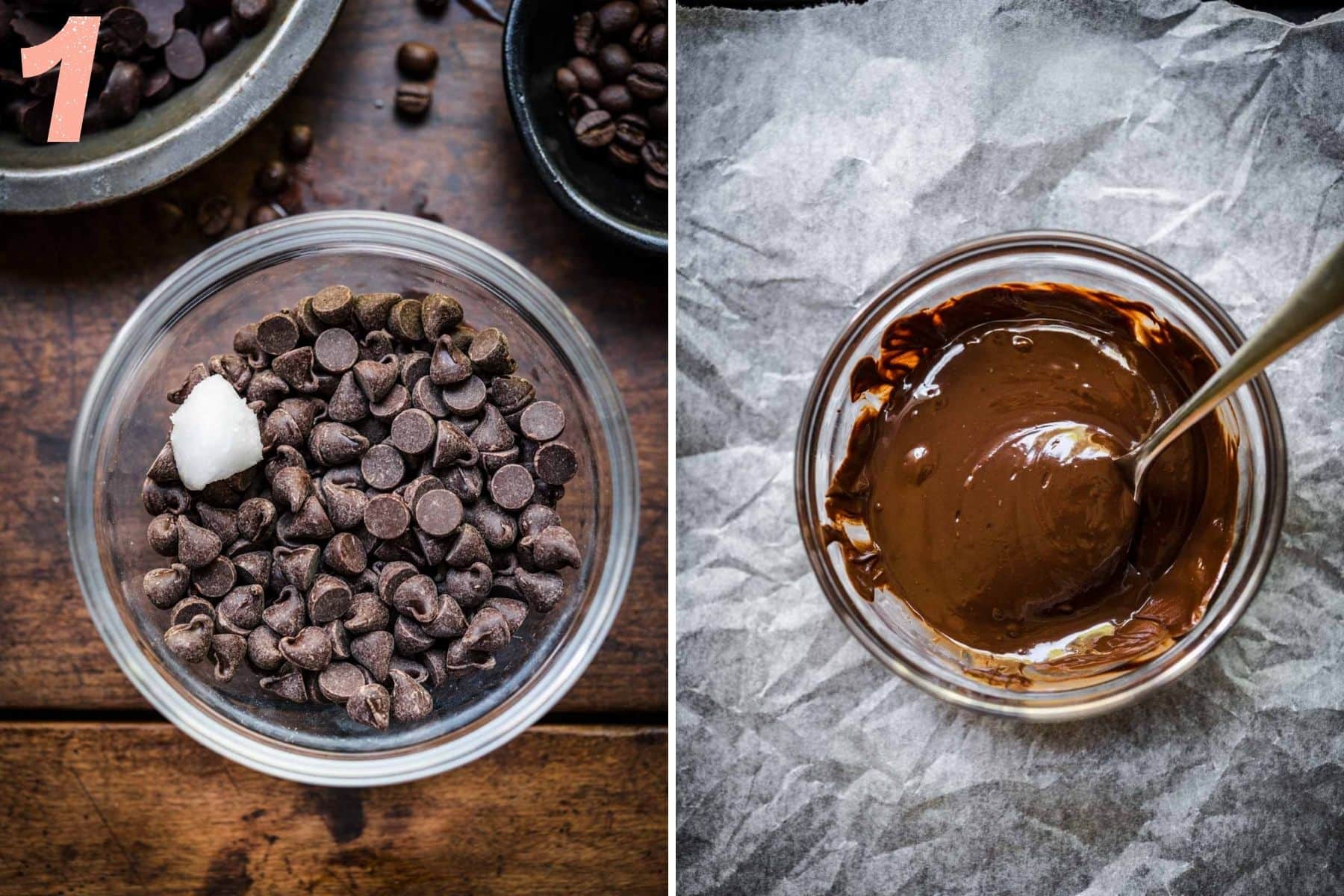 On the left: chocolate before melting. On the right: chocolate after being melted.