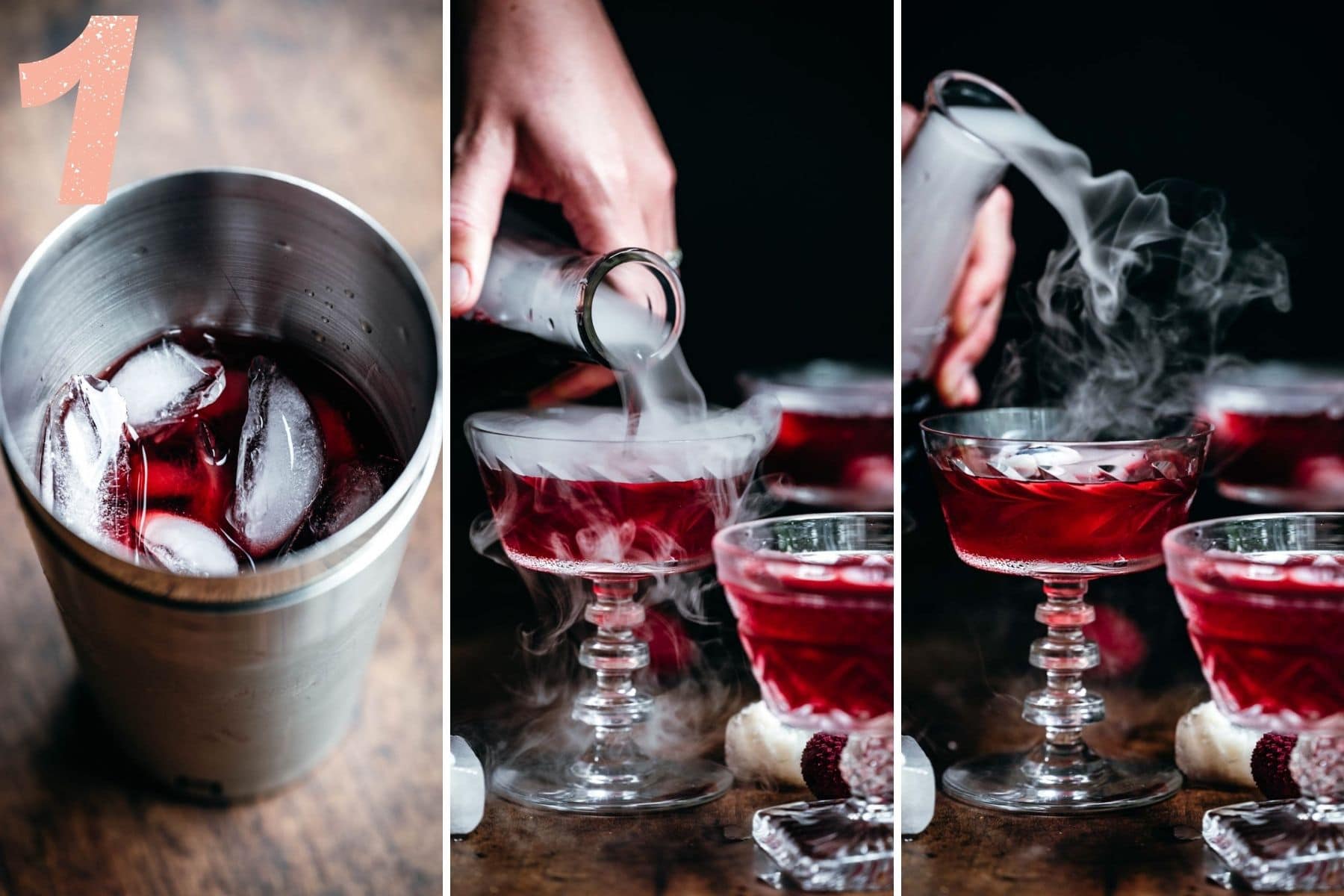 Three picture panel of ingredients being added to cocktail shaker and then poured out.