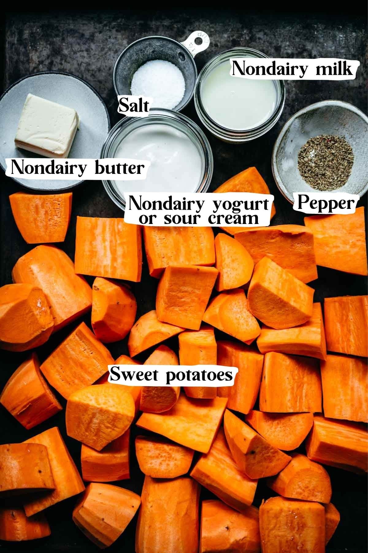 Overhead view of mashed sweet potato ingredients, including sweet potatoes and nondairy butter.