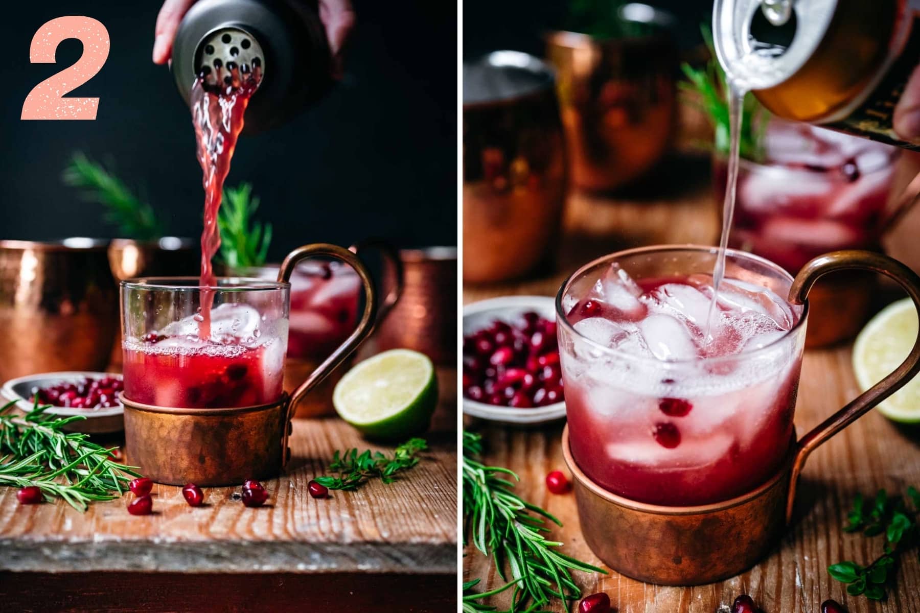 pouring pomegranate moscow mule and ginger beer into copper mug. 