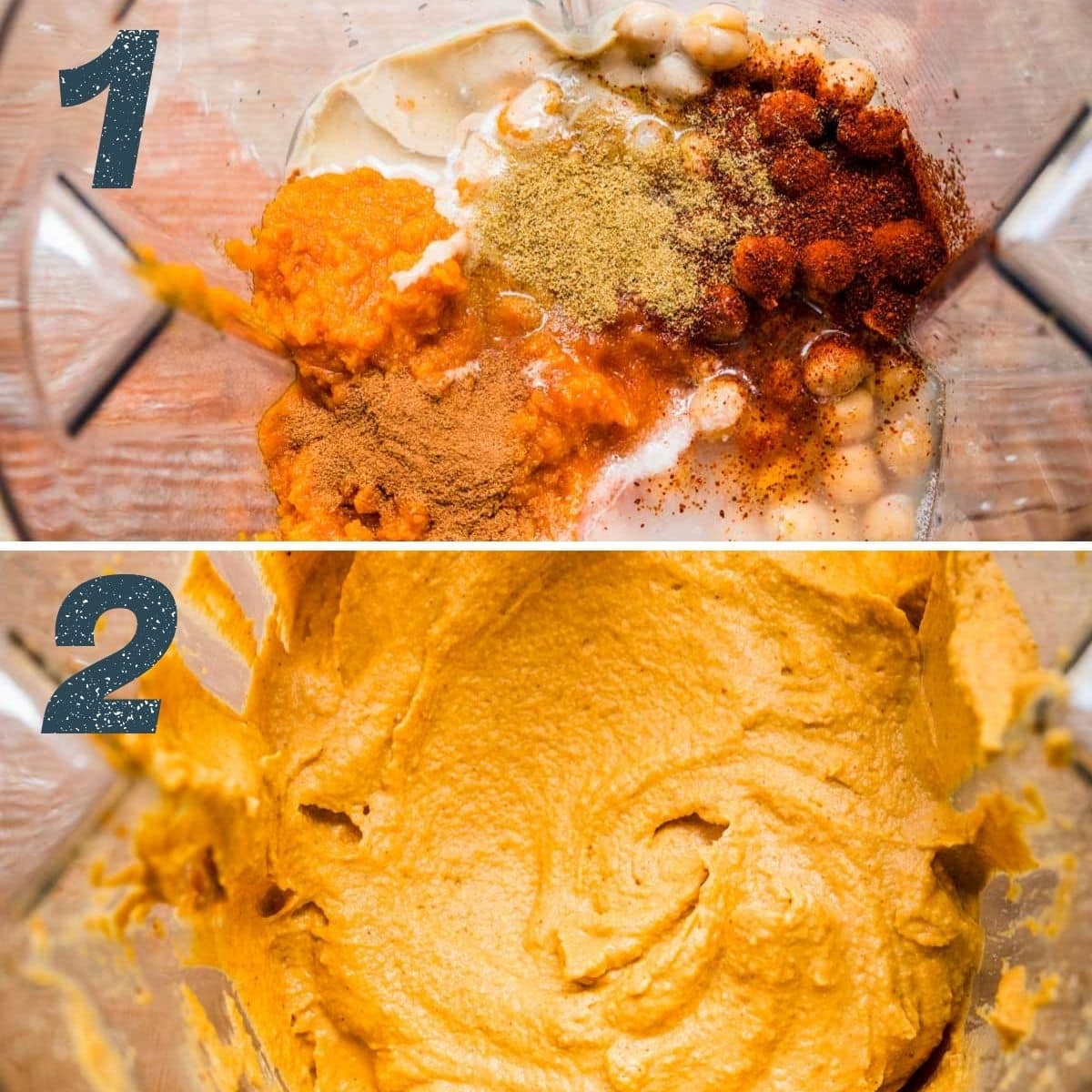 On the top: ingredients added to blender. On the bottom: ingredients after blending.