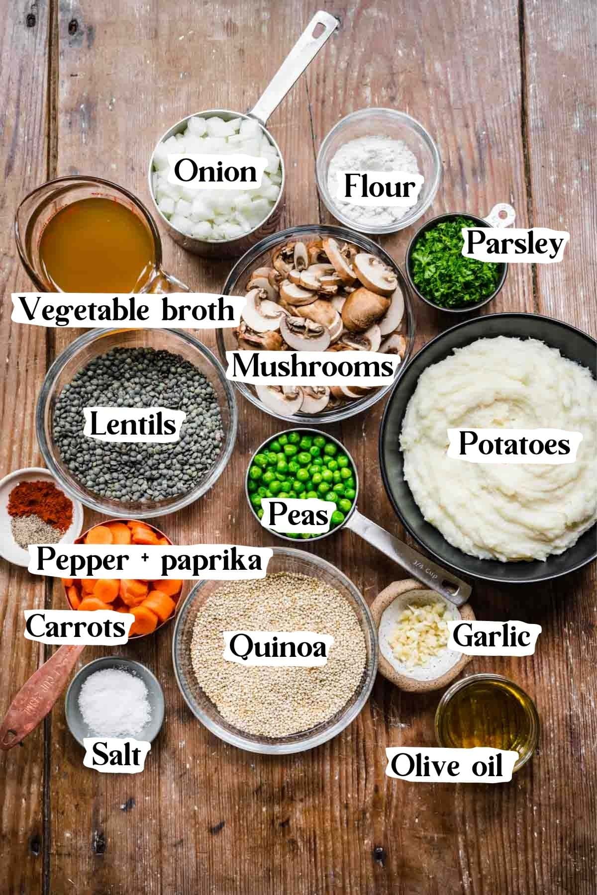 Overhead view of shepherd's pie ingredients.