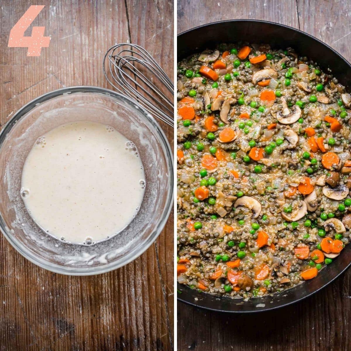 On the left: roux being made. On the right: adding in wet ingredients to vegetables in a pan.