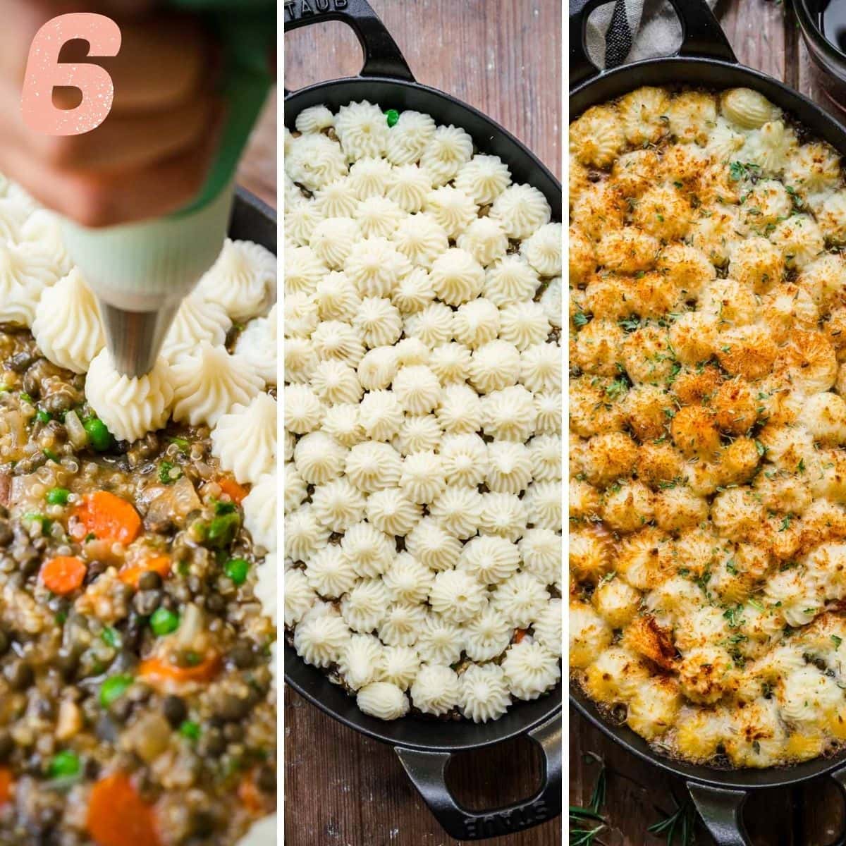 Mashed potatoes being piped onto lentil mixture and then baked until golden brown.