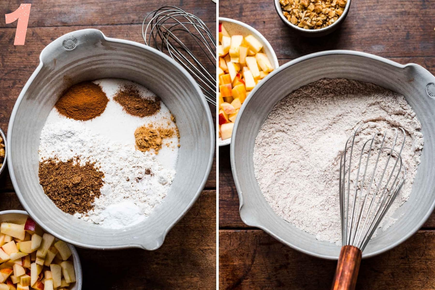 before and after mixing dry ingredients in mixing bowl for vegan apple cake. 