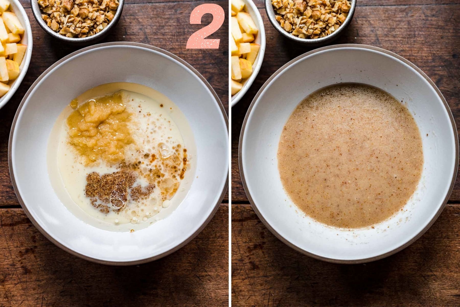 before and after mixing wet ingredients in mixing bowl for vegan apple cake. 