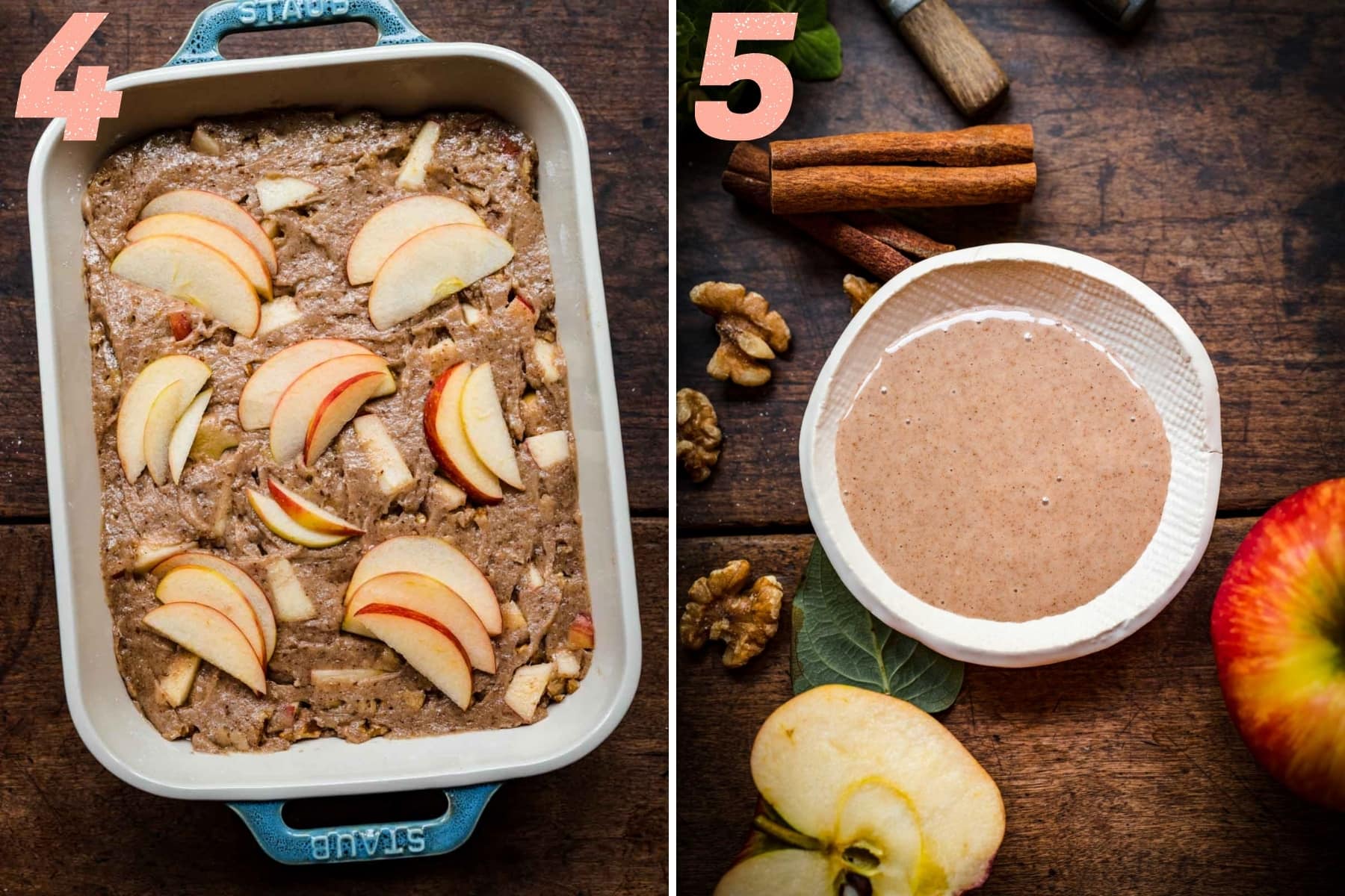 on the left: vegan apple cake before baking. on the right: cinnamon glaze in bowl.