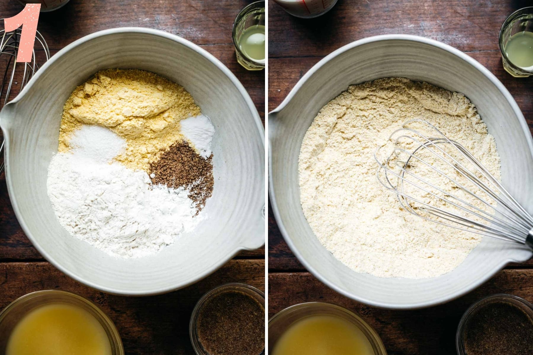 before and after stirring together dry ingredients for gluten free vegan cornbread.