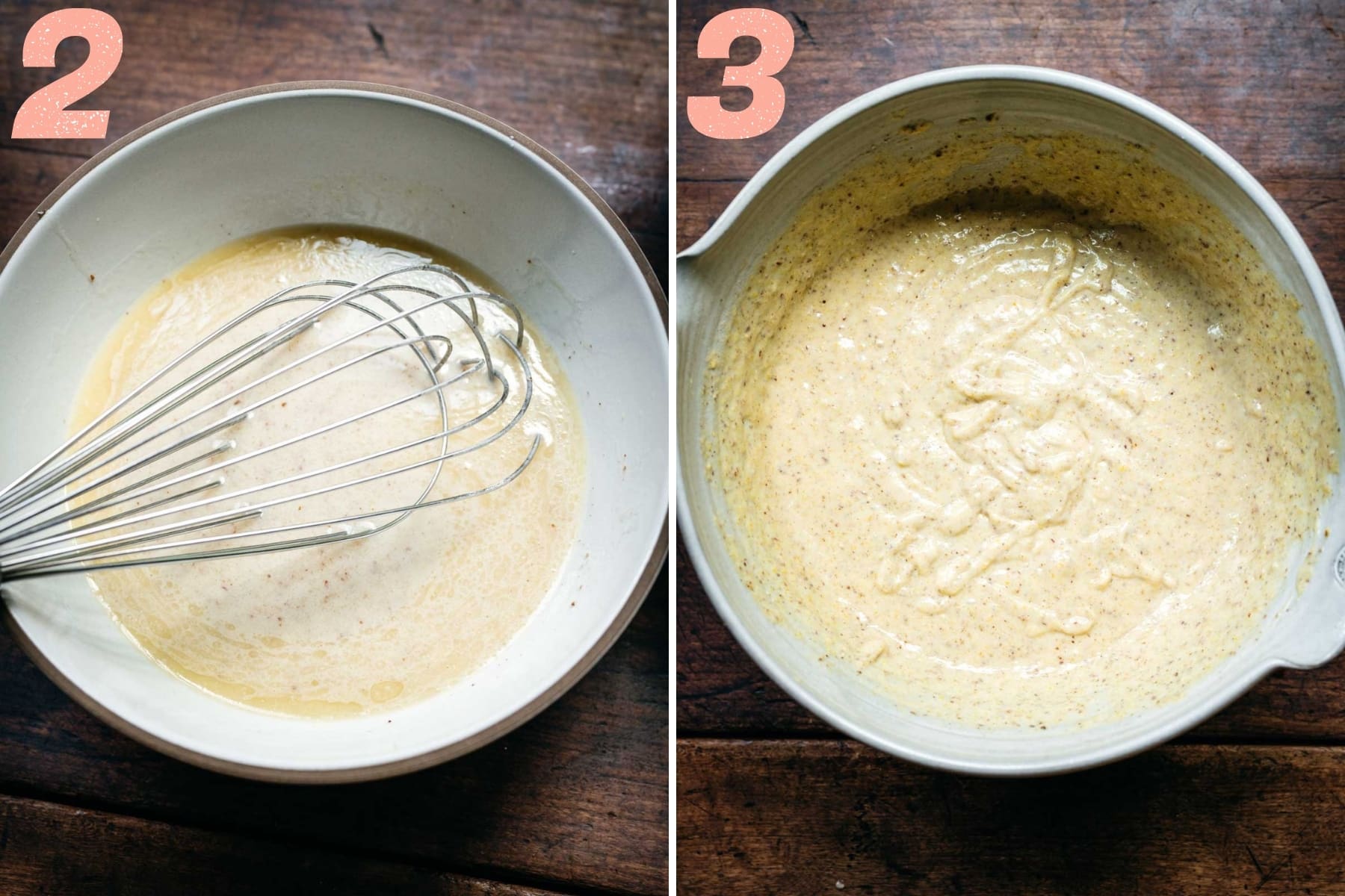 on the left: wet ingredients in bowl for vegan cornbread. on the right: vegan cornbread batter in mixing bowl. 