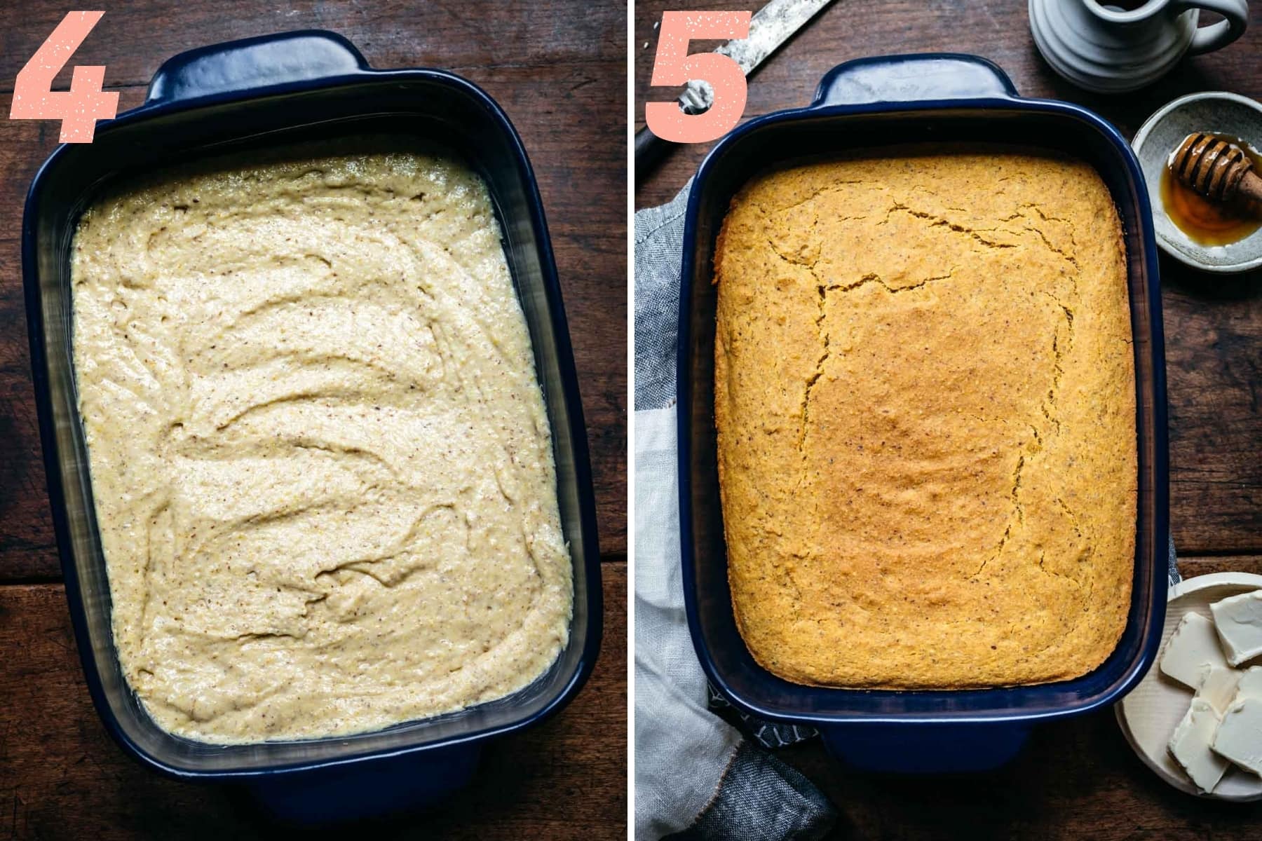 gluten free vegan cornbread in baking dish before and after baking.