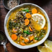 Overhead view of wild rice soup in a bowl.