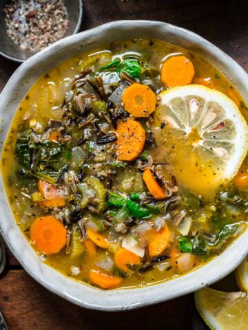 Overhead view of wild rice soup in a bowl.