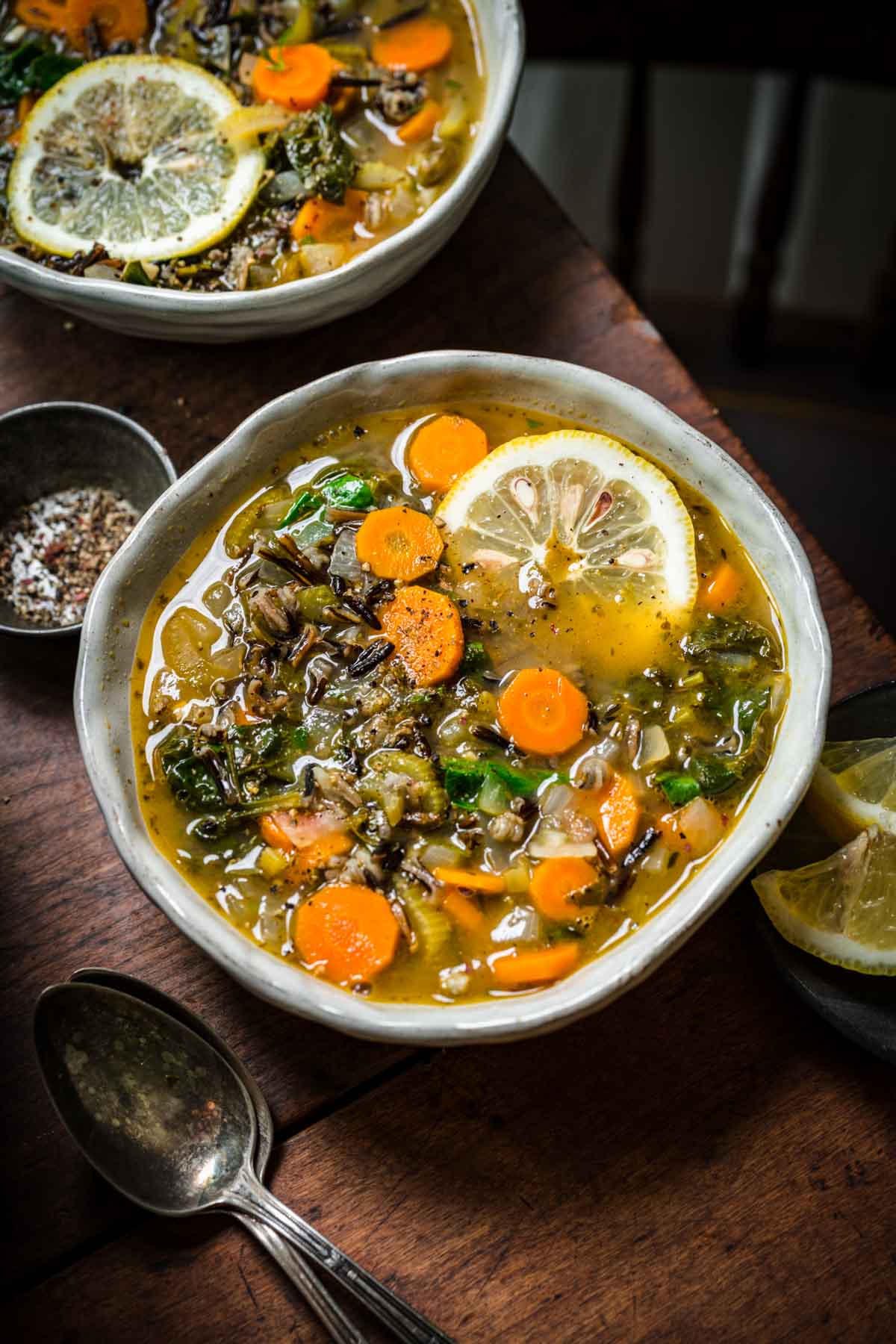 Wild rice soup in a bowl seen from above.