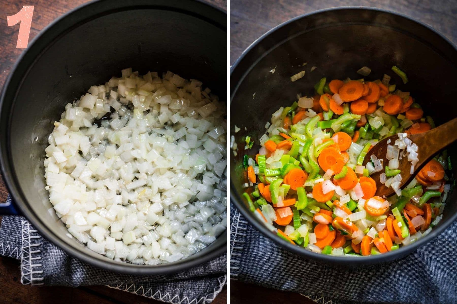 On the left: onions cooking in the pot. On the right: carrots and celery in the pot.