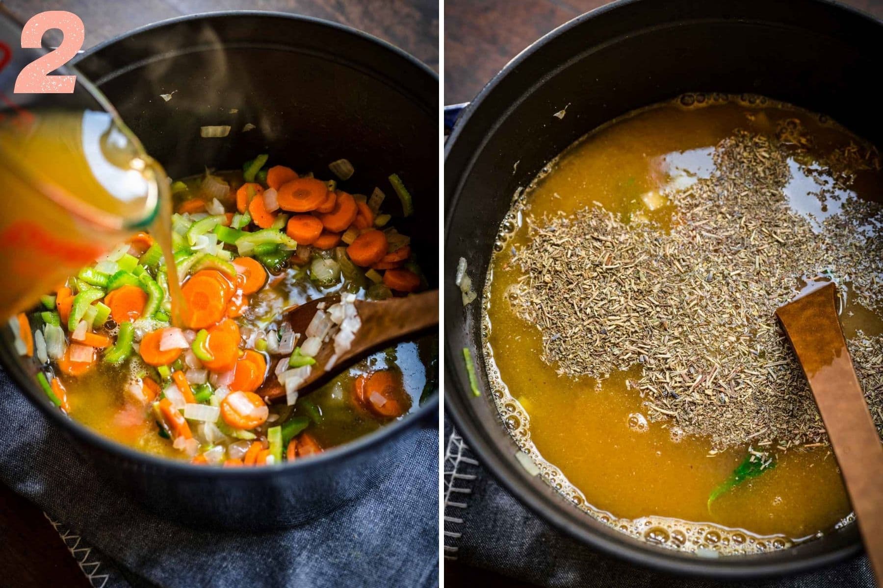 On the left: vegetable broth being added to the pot. On the right: herbes de provence added to soup.