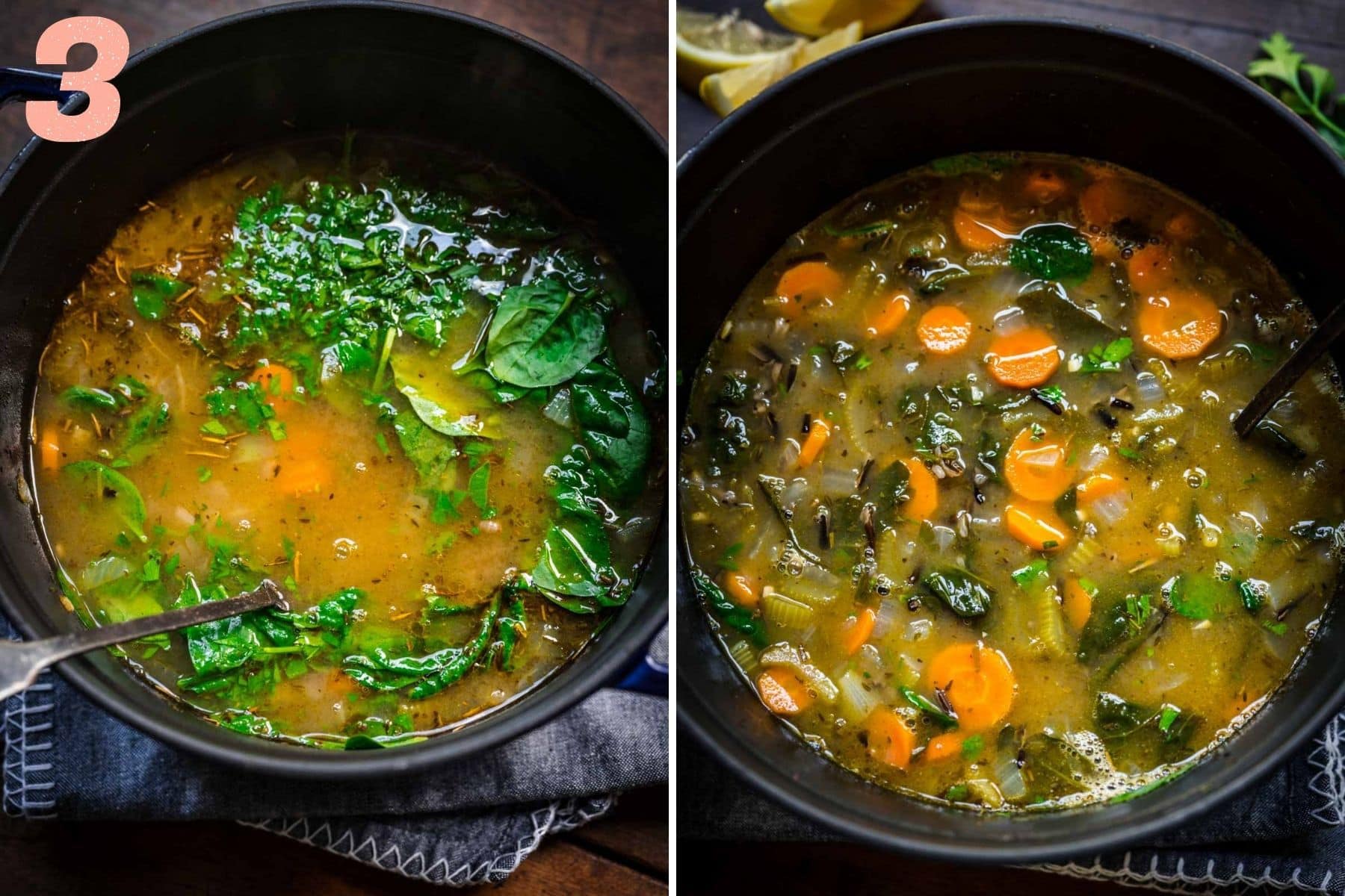 On the left: spinach and parsley added to pot. On the right: finished soup.