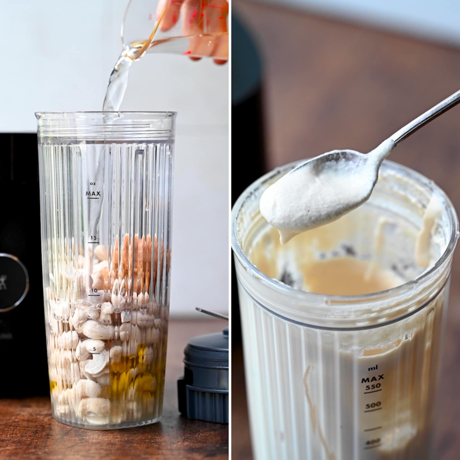 on the left: water being poured into blender jar with ingredients for vegan sour cream. on the right: vegan sour cream on spoon.