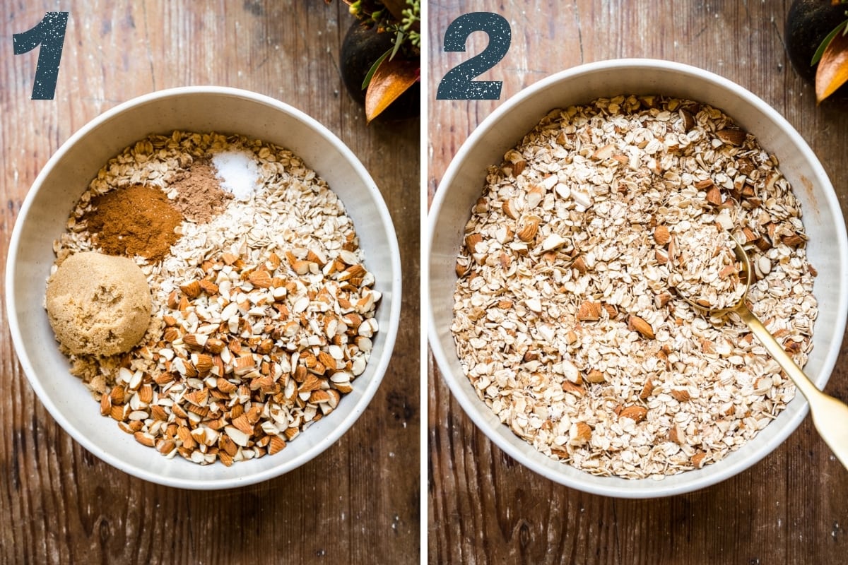 before and after stirring together dry ingredients for pumpkin muffins. 