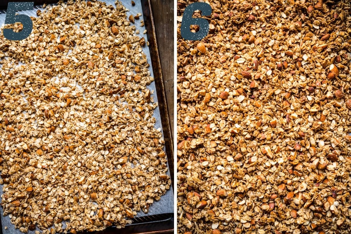 before and after baking almond granola on sheet pan. 