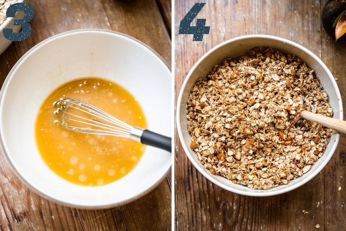 before and after stirring together wet and dry ingredients for pumpkin muffins. 