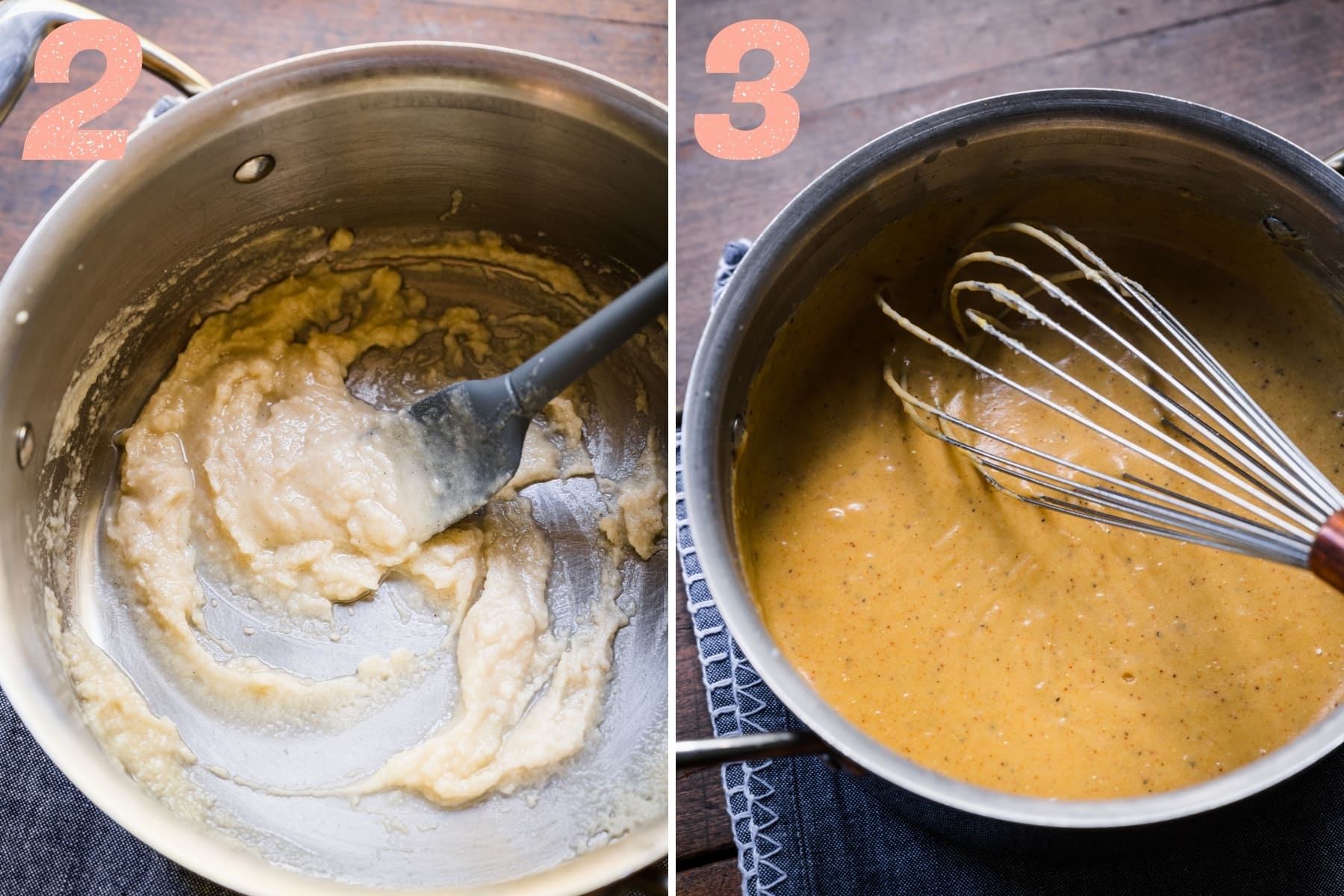 before and after adding milk and nutritional yeast to vegan cheese sauce in pan. 