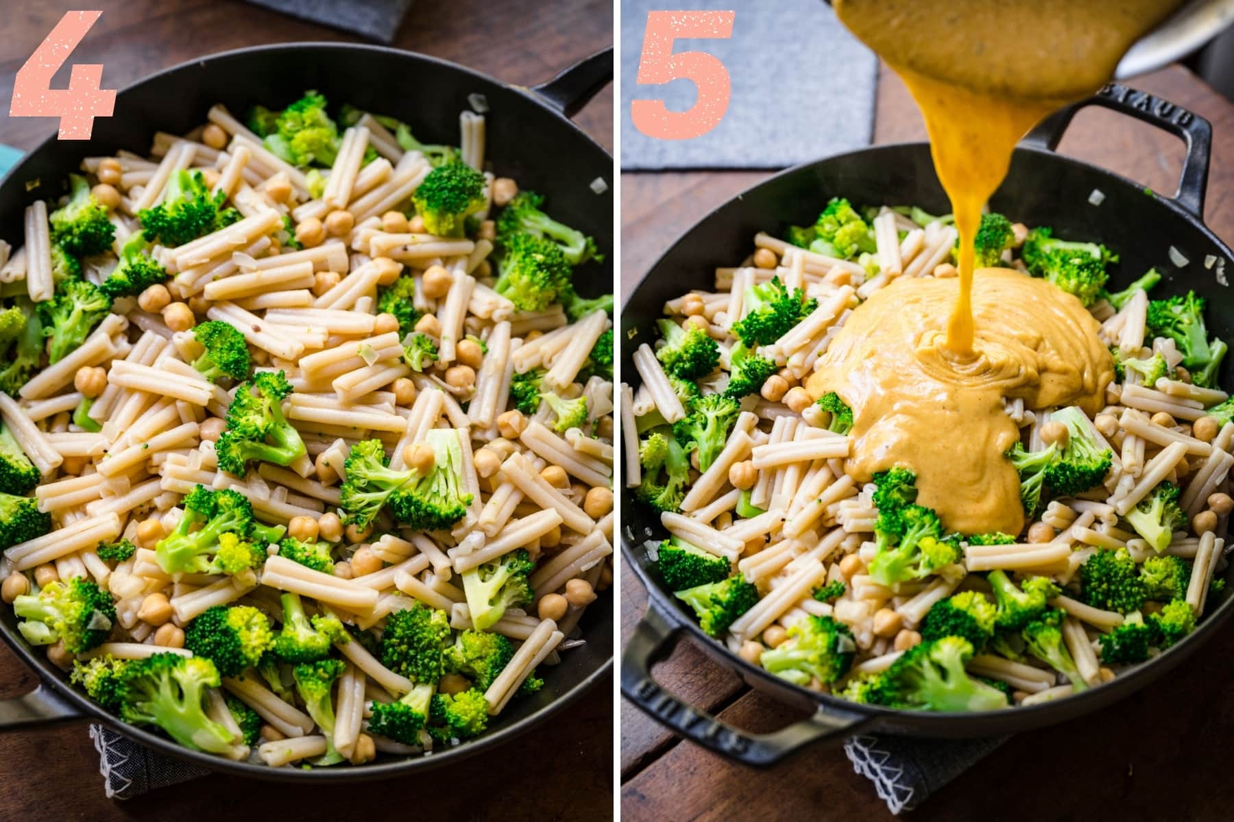 before and after pouring cheese sauce onto pasta and broccoli in pan.