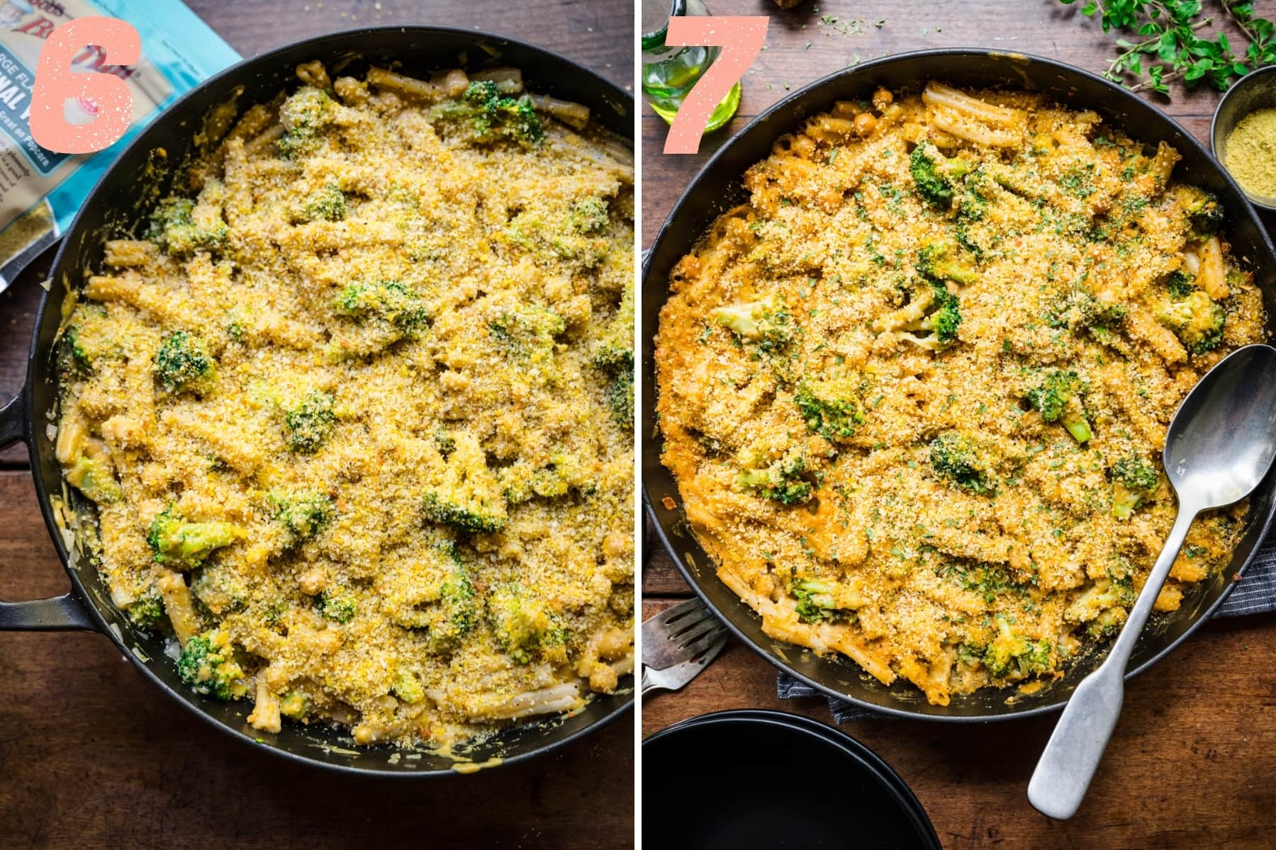 before and after baking vegan broccoli mac and cheese in large skillet. 