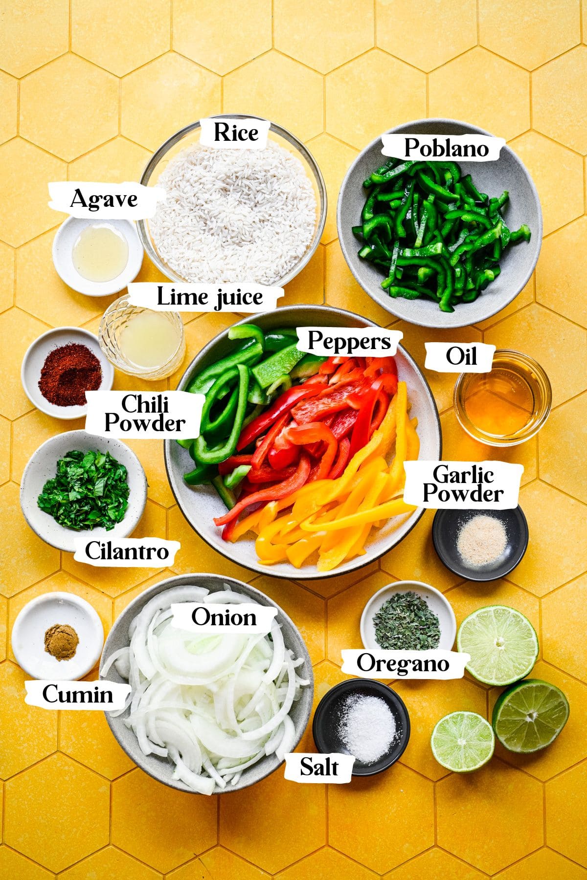 Fajita bowl ingredients including peppers, poblano, and cilantro.