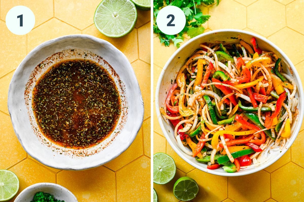 Left: marinade ingredients in bowl. Right: peppers coated in marinade.