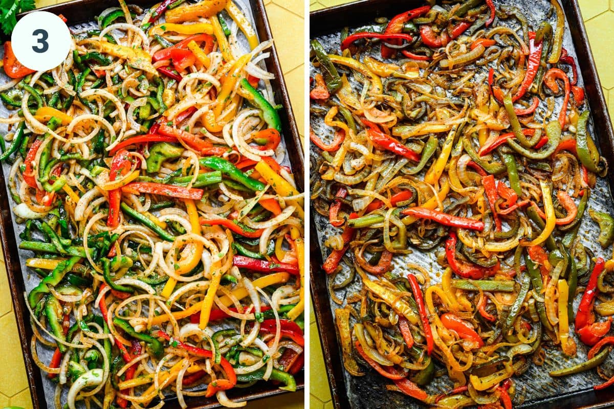 Left: peppers on pan prior to roasting. Right: peppers on pan after roasting.