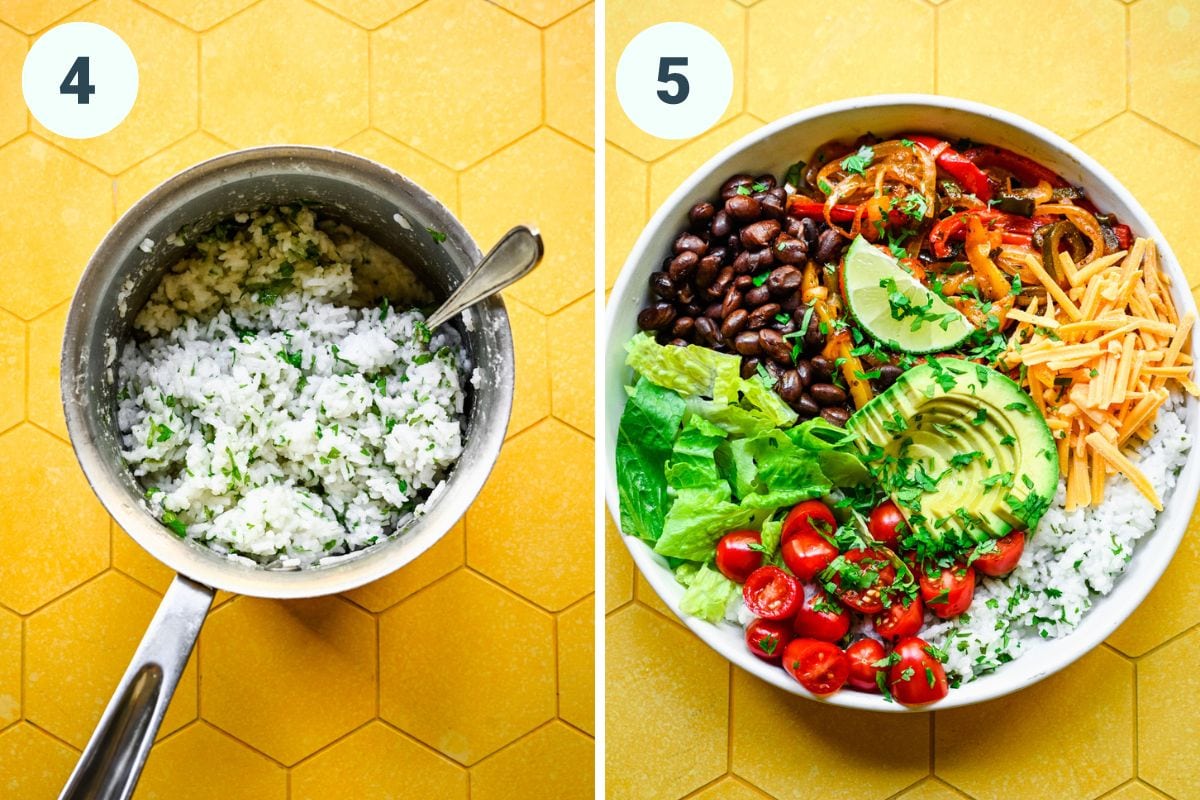 Left: making the cilantro rice in a saucepan. Right: finished fajita bowl.
