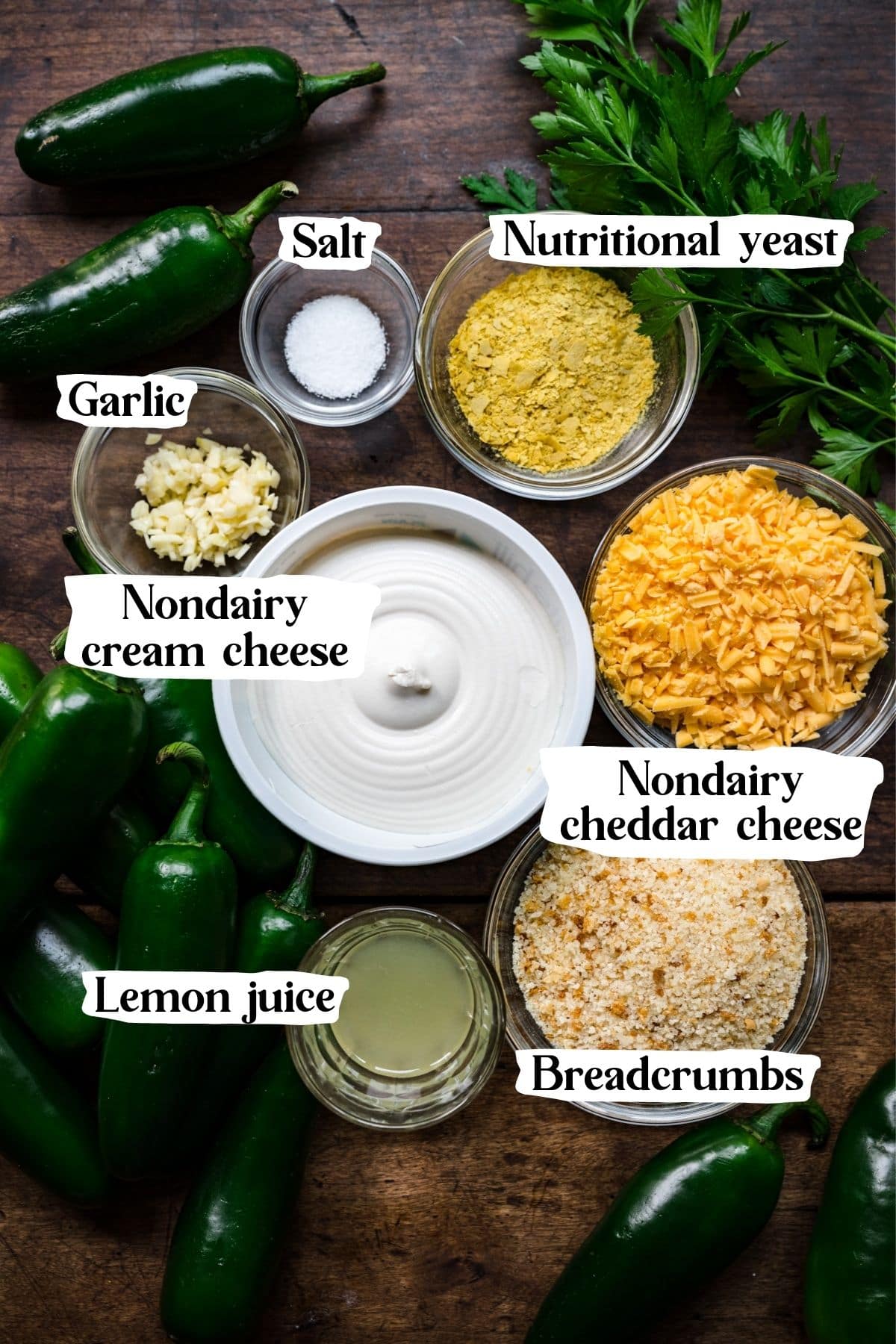 Overhead shot of jalapeno popper ingredients, including nondairy cream cheese, nutritional yeast, and salt.