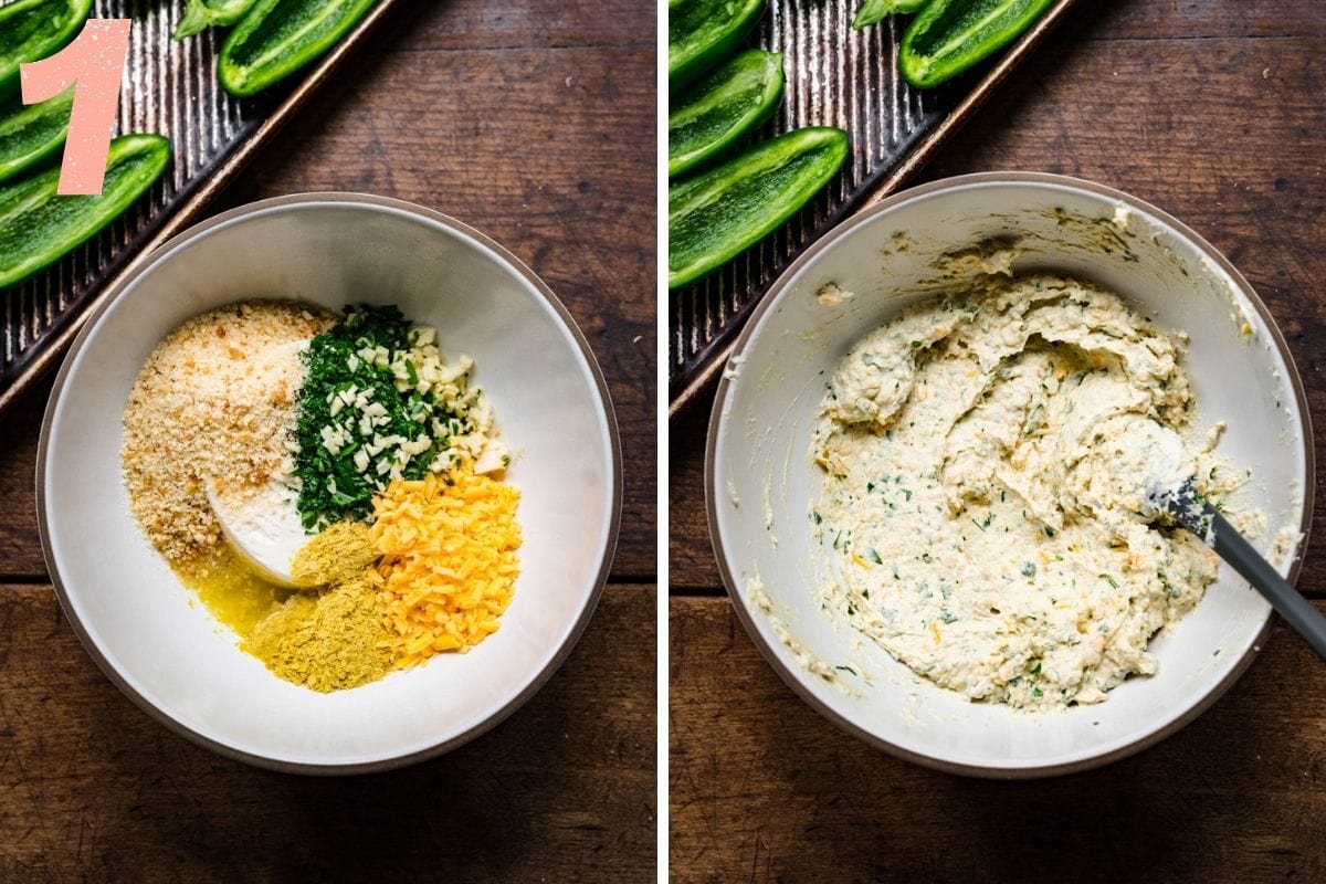 On the left: stuffing ingredients unmixed. On the right: stuffing ingredients after being mixed together.