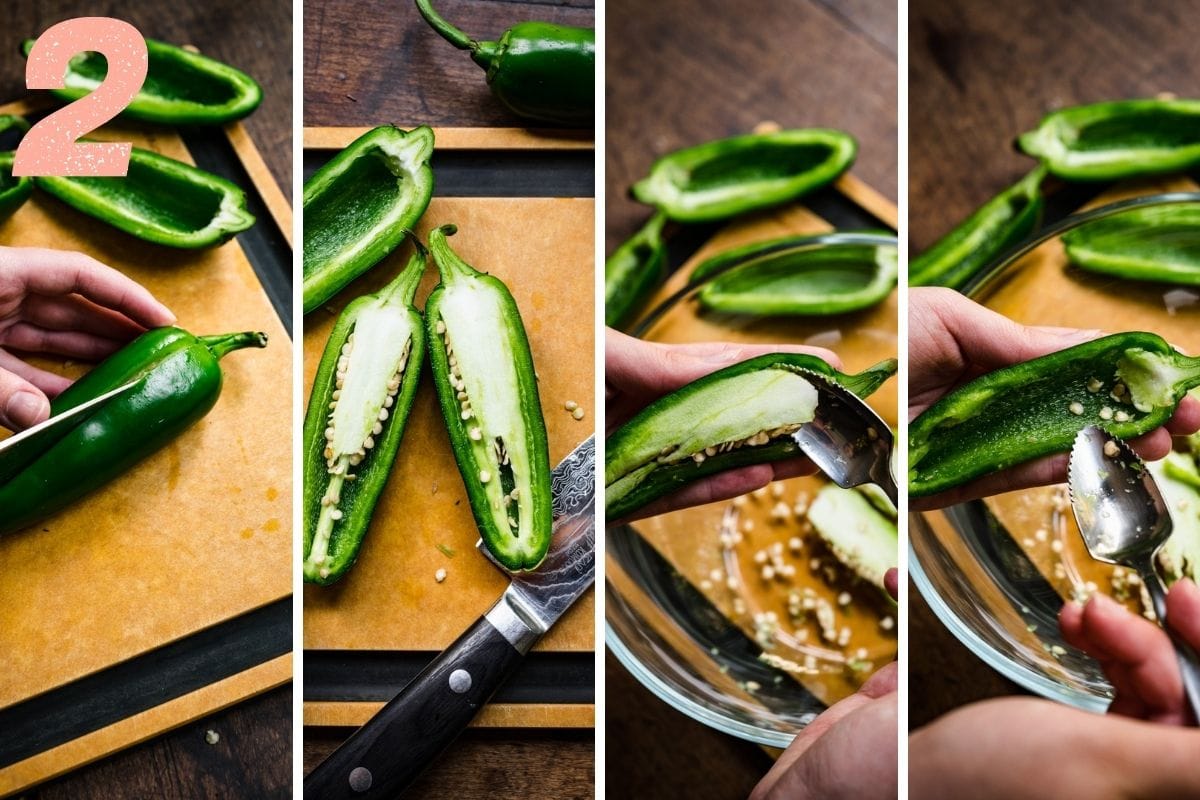 Four images of peppers being halved, then removing the seeds and membrane from inside.