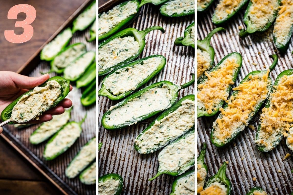 Jalapenos being stuffed, then placed on a baking tray and topped with breadcrumbs and cheese.