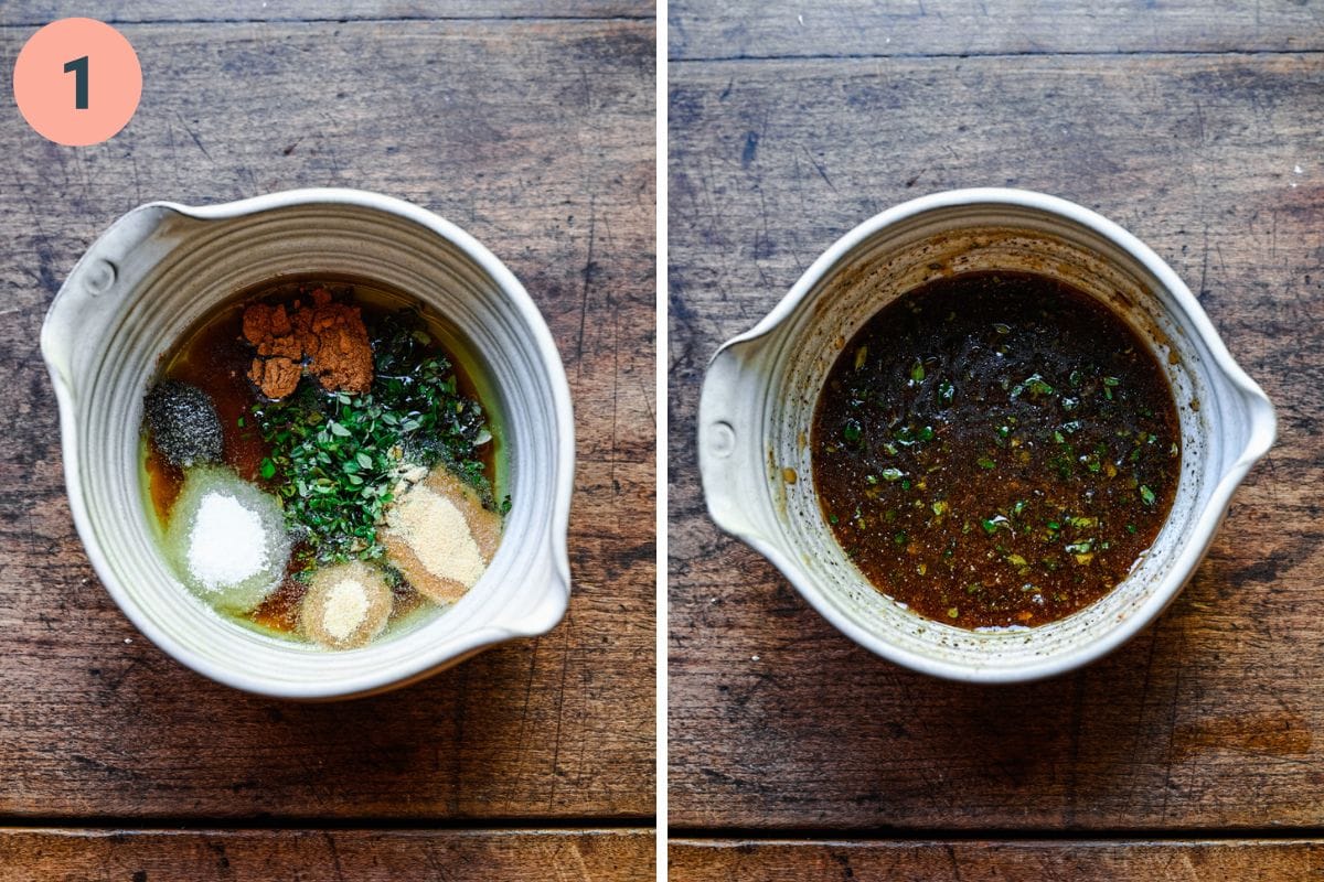 Left: glaze ingredients in a bowl. Right: glaze whisked together.