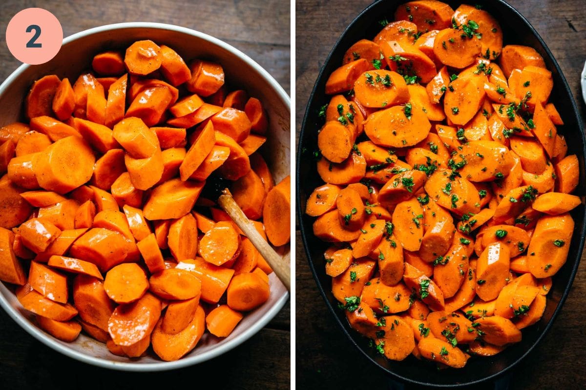 Left: coating the carrots in the glaze. Right: coated carrots in a pan.