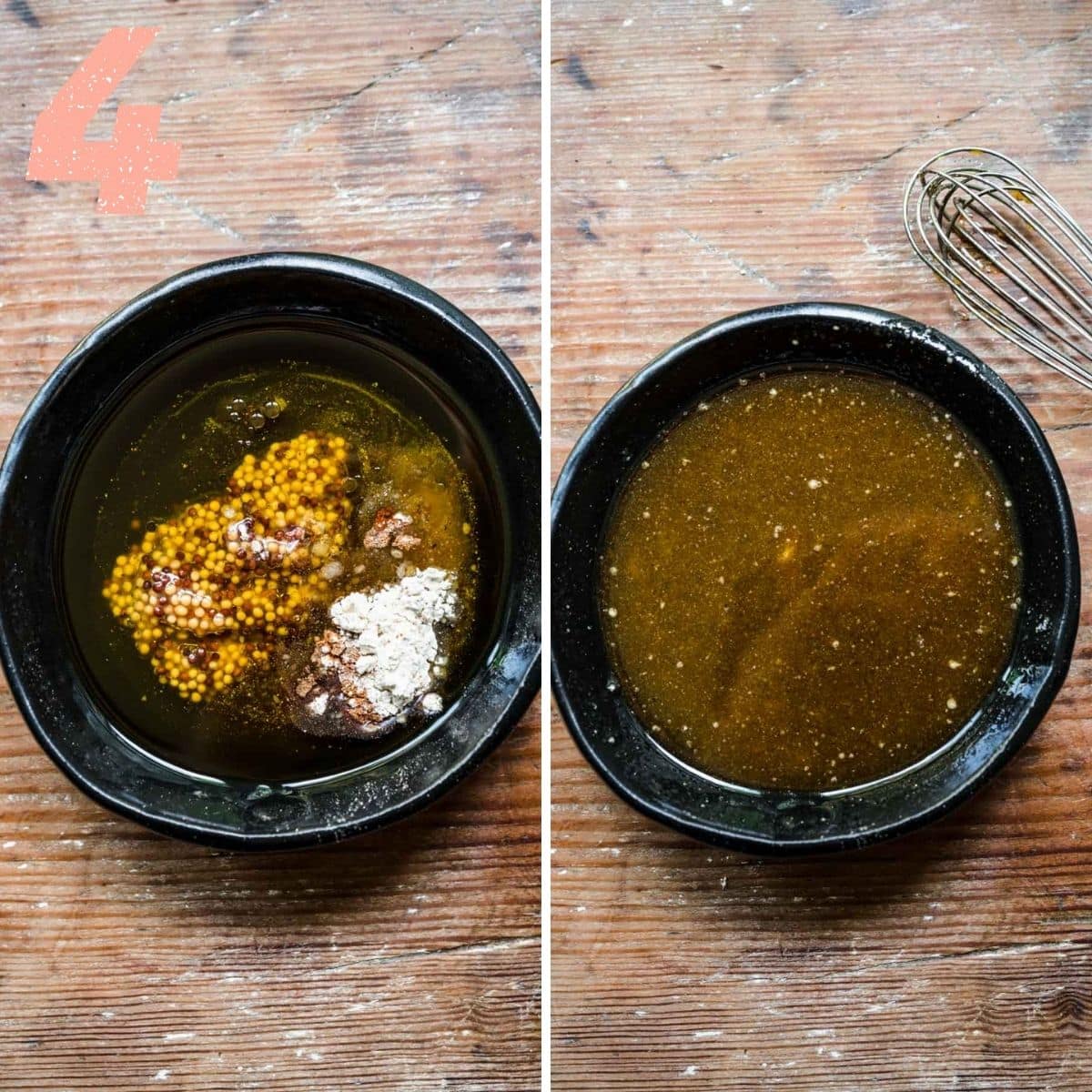 Dressing ingredients being whisked together in a small bowl.