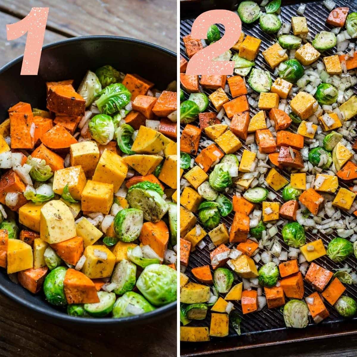 On the left: vegetables coated with spices. On the right: vegetables on a sheet pan before roasting.