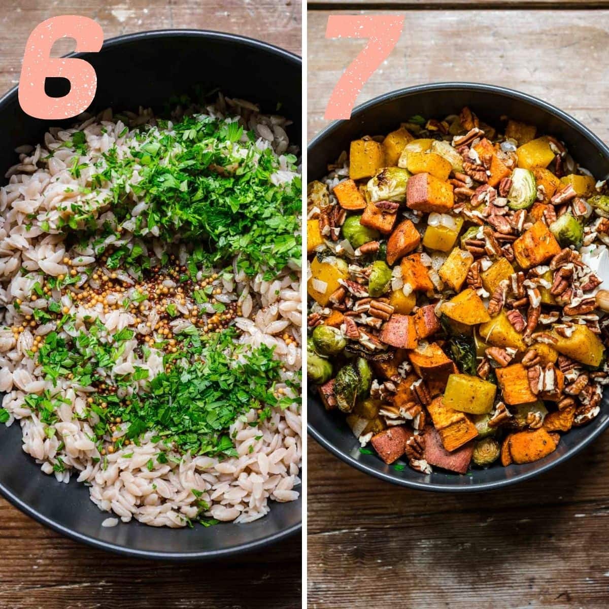 On the left: Orzo salad tossed with dressing and parsley. On the right: nuts and veggies added to salad.