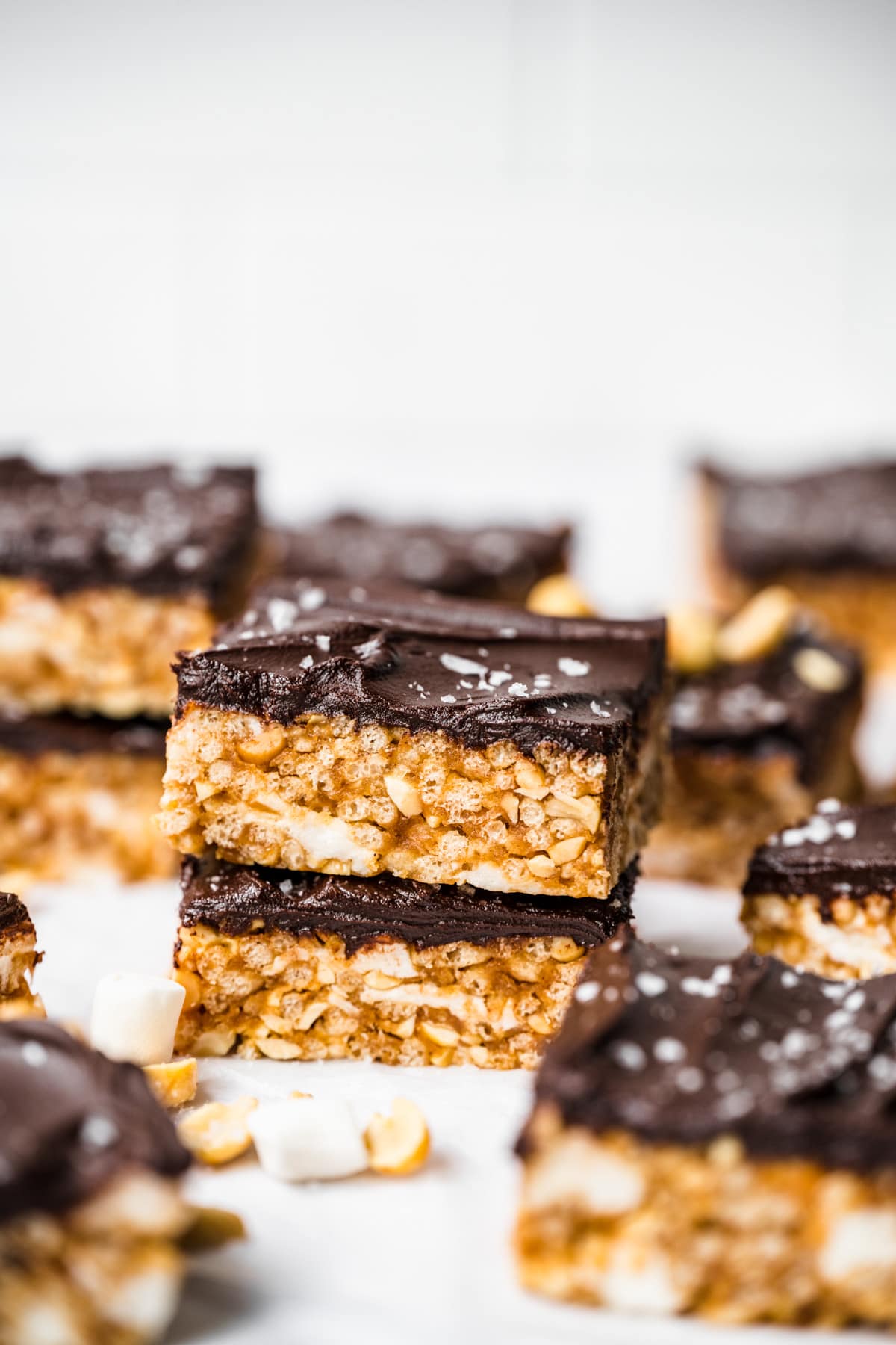 Front view of 2 rice krispies treats stacked on top of one another.