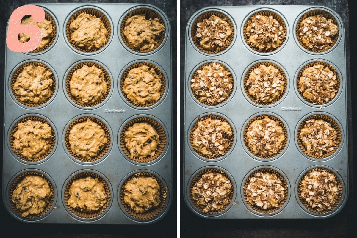 On the left: muffin batter in the tin. On the right: raw muffins topped with cinnamon sugar topping.